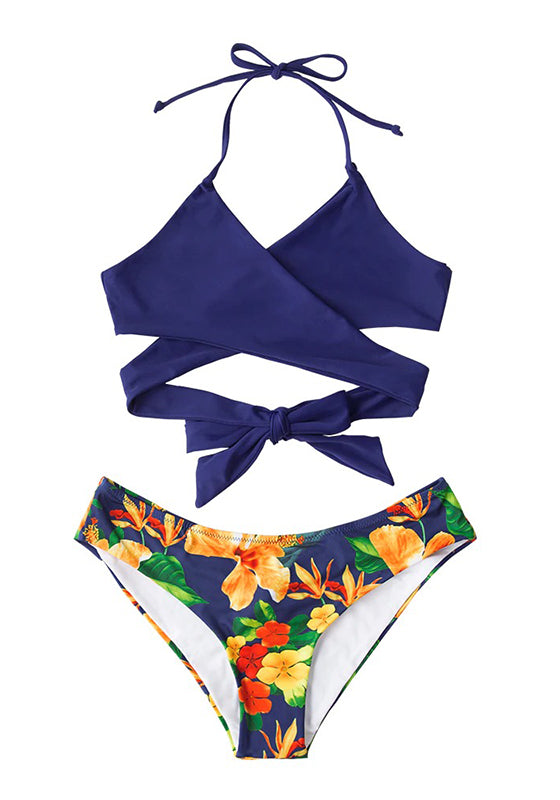 Navy Floral Halter Low-rise Bikini Set