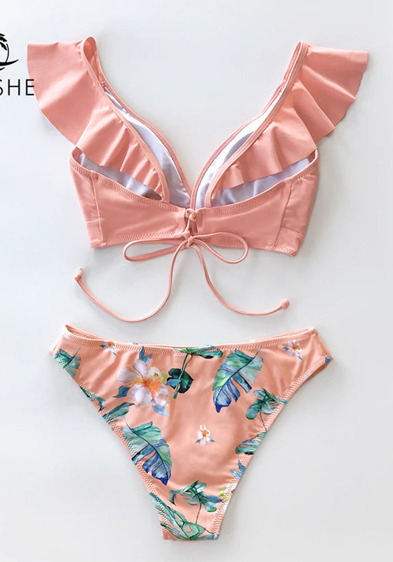 Tropical Pink Ruffle Bikini Set