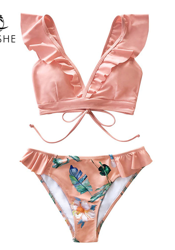 Tropical Pink Ruffle Bikini Set