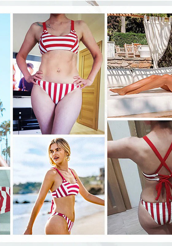 Red and White Stripe Low-Waisted Bikini Set