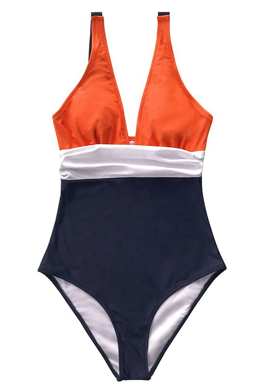 Orange White and Navy Ruching One-Piece