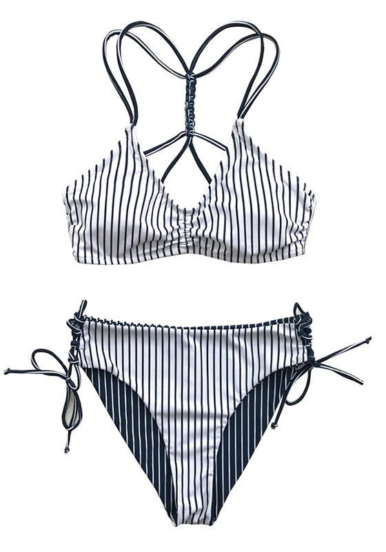 Red White Stripe Strappy Bikini Set