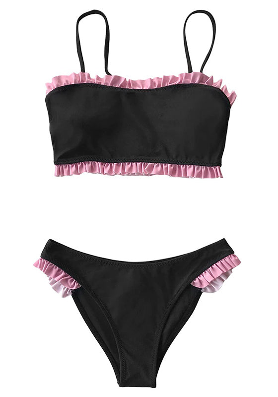 Black Red Ruffled Bandeau Bikini Set