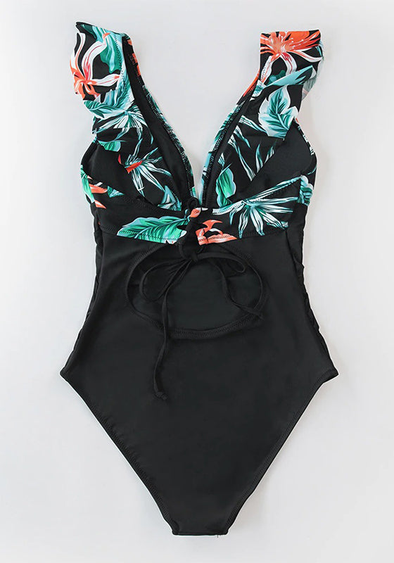 Navy Floral Plunge V-neck Ruffled One-Piece