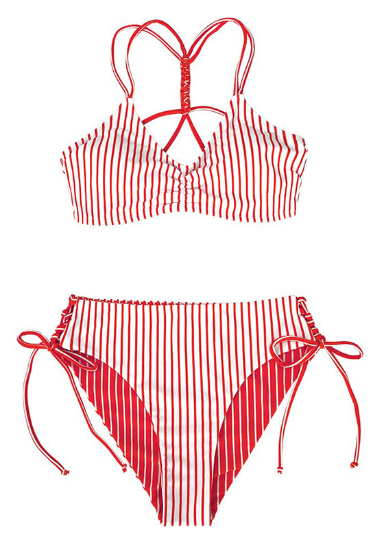 Red White Stripe Strappy Bikini Set