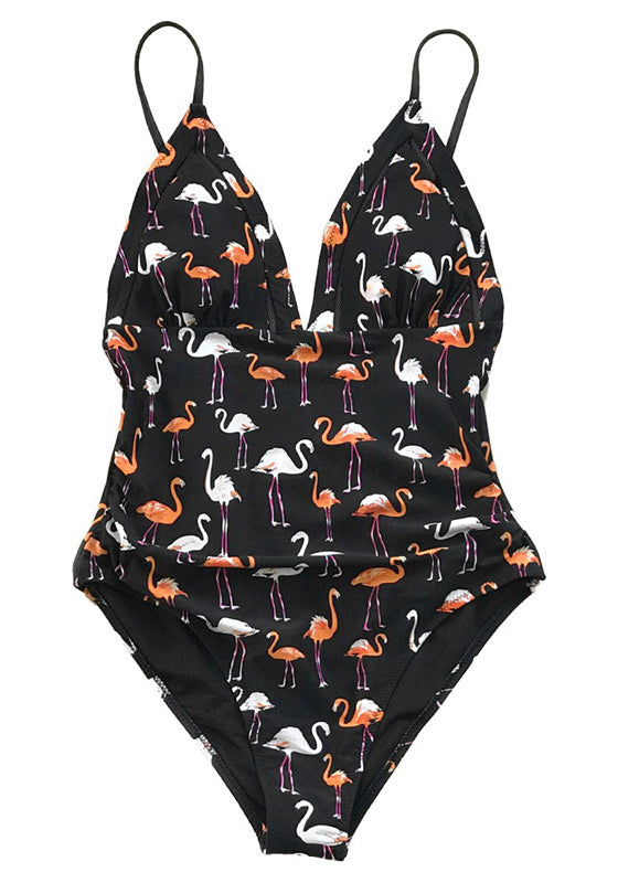 Black Flamingo Print Plunging One-Piece