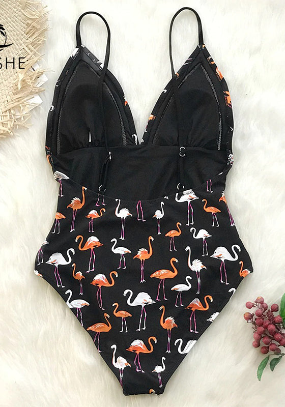 Black Flamingo Print Plunging One-Piece