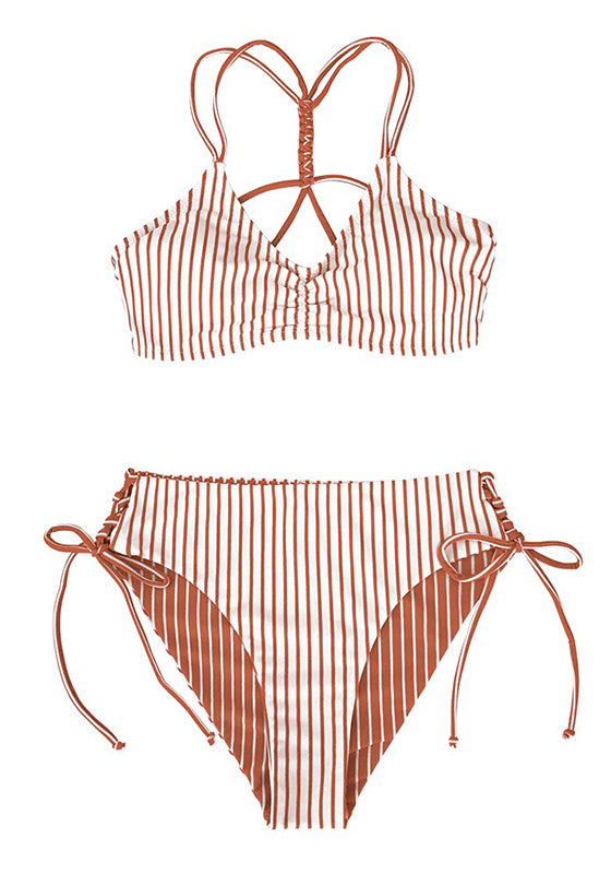 Red White Stripe Strappy Bikini Set