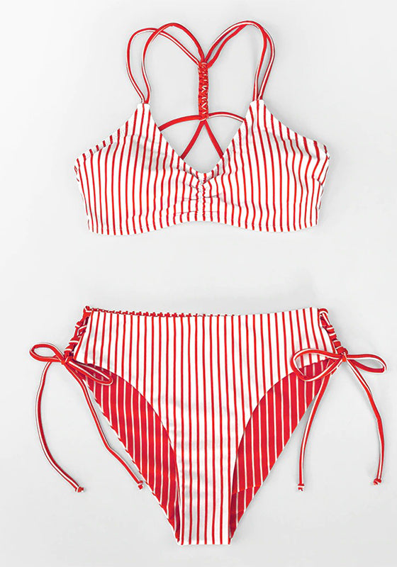 Red White Stripe Strappy Bikini Set