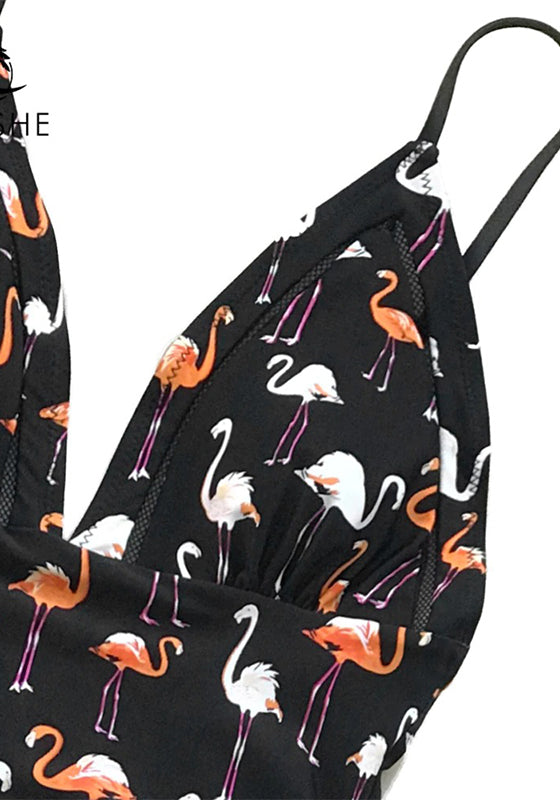 Black Flamingo Print Plunging One-Piece