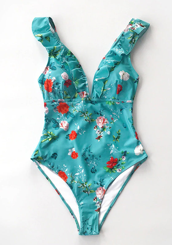 Teal Floral Ruffled V-Neck One-Piece