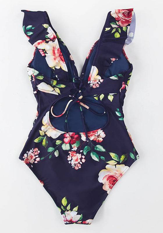 Navy Floral Plunge V-neck Ruffled One-Piece