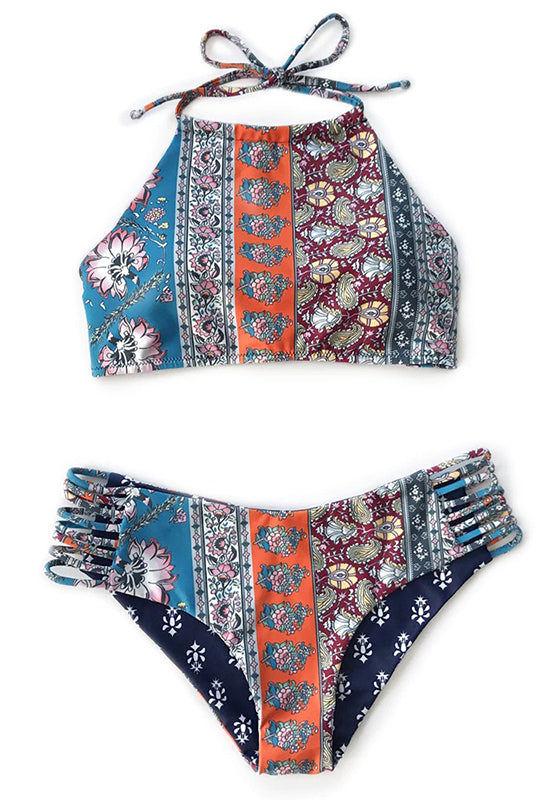 Boho Blue Print Halter Low-waist Bikini Set