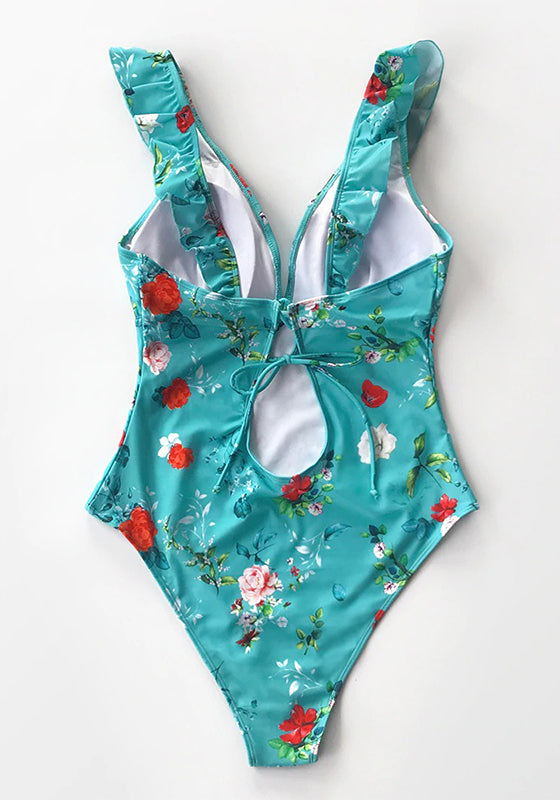 Teal Floral Ruffled V-Neck One-Piece