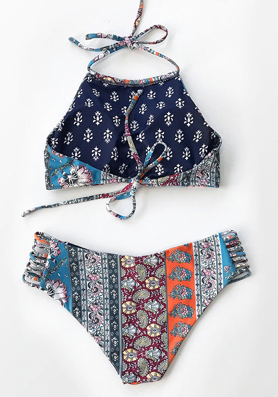 Boho Blue Print Halter Low-waist Bikini Set