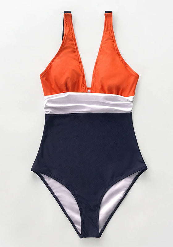 Orange White and Navy Ruching One-Piece