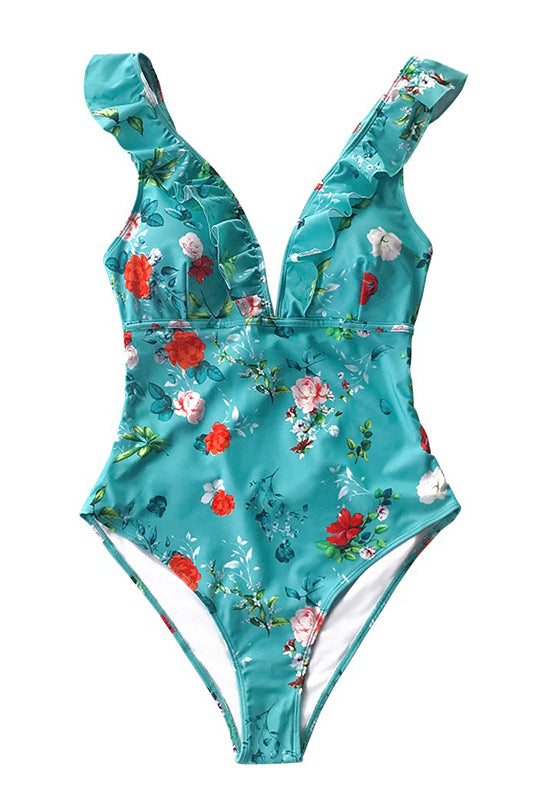 Teal Floral Ruffled V-Neck One-Piece