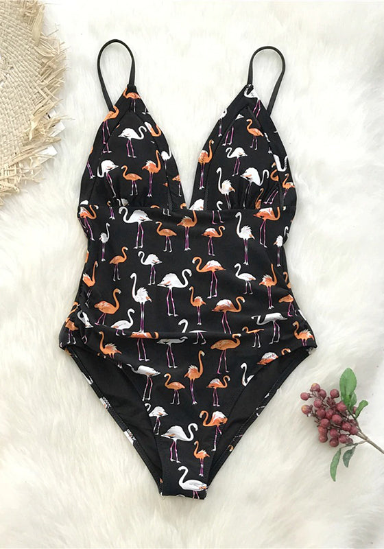 Black Flamingo Print Plunging One-Piece