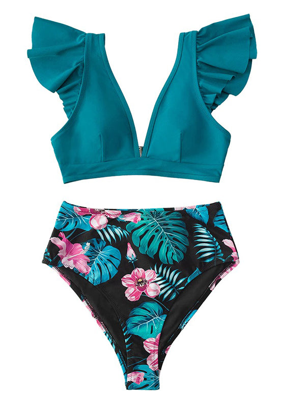 Teal Floral Ruffled High Waist Bikini Set