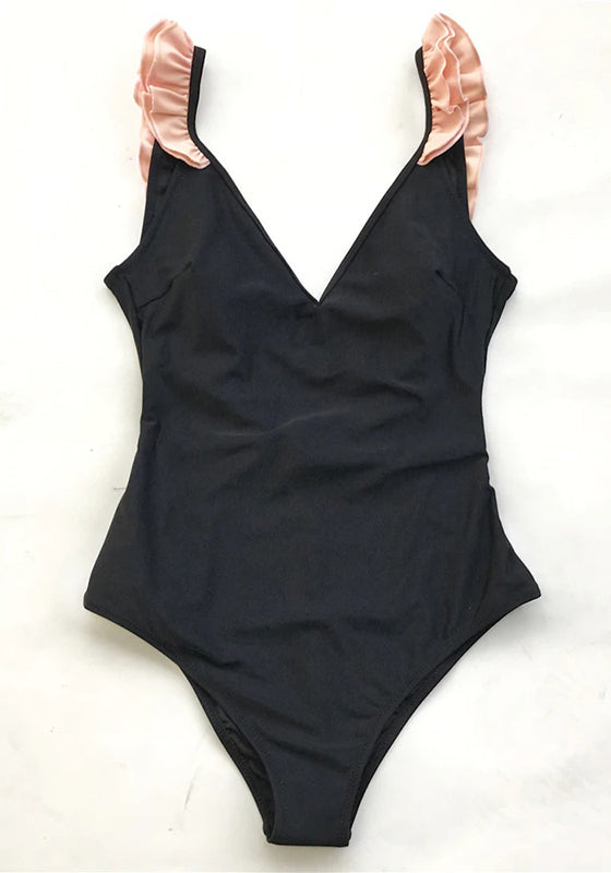 Black With Pink Ruffle One-Piece