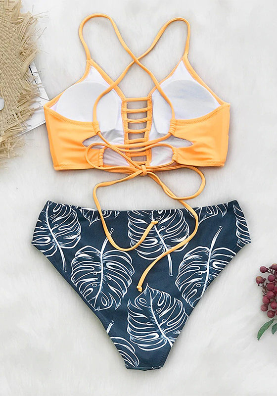 White and Leaves Print Mid-waist Bikini Set