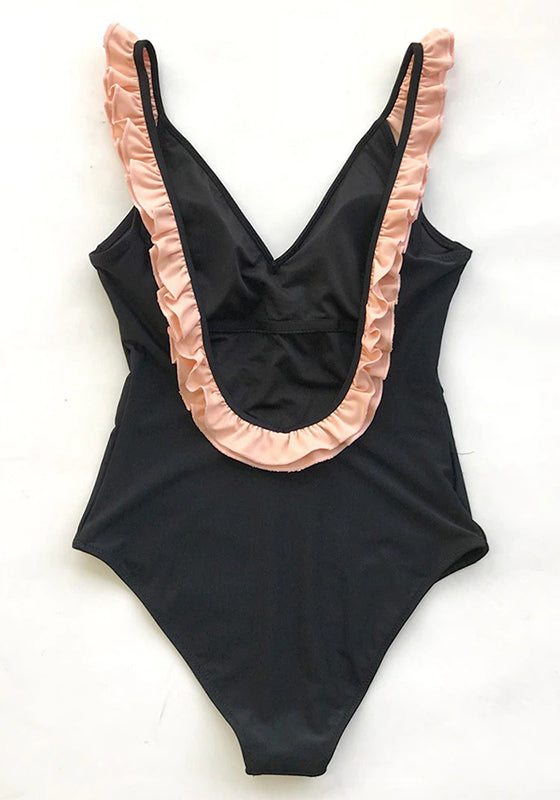 Black With Pink Ruffle One-Piece