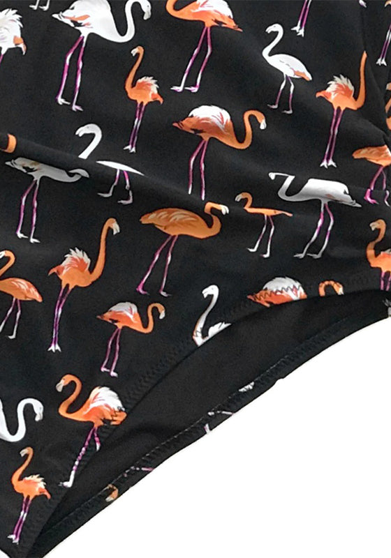 Black Flamingo Print Plunging One-Piece