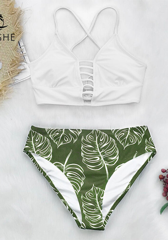 White and Leaves Print Mid-waist Bikini Set