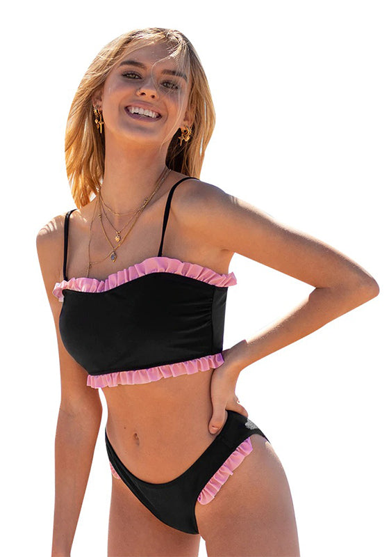 Black Red Ruffled Bandeau Bikini Set