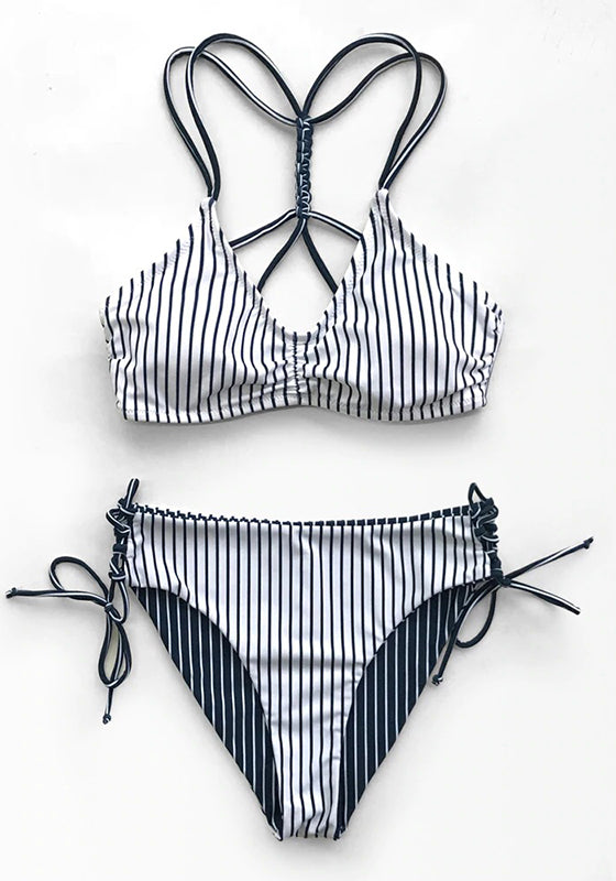 Red White Stripe Strappy Bikini Set