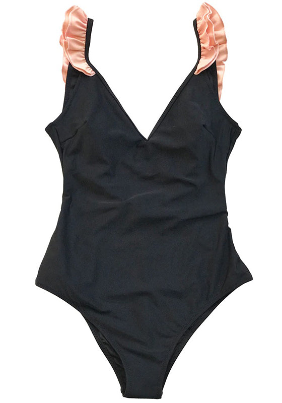 Black With Pink Ruffle One-Piece