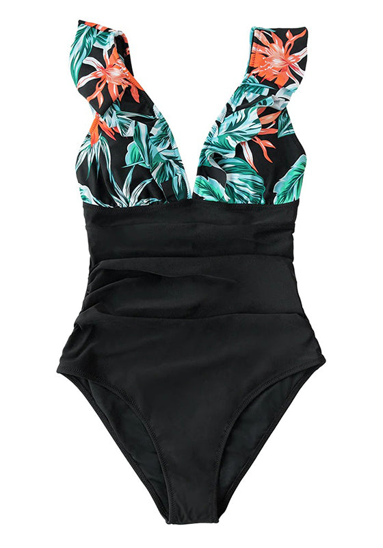 Navy Floral Plunge V-neck Ruffled One-Piece