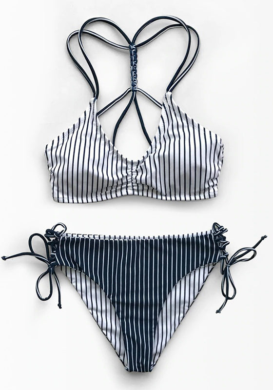 Red White Stripe Strappy Bikini Set