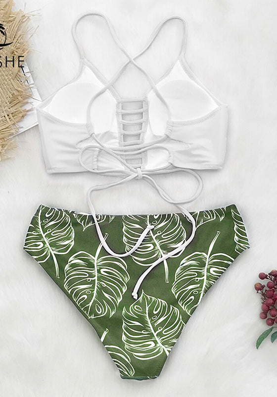 White and Leaves Print Mid-waist Bikini Set