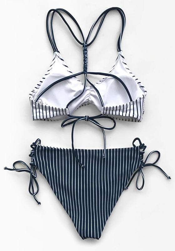 Red White Stripe Strappy Bikini Set