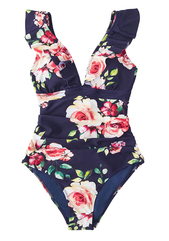 Navy Floral Plunge V-neck Ruffled One-Piece