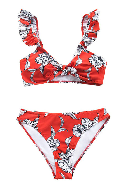 Red Floral Knotted Ruffled Bikini Set