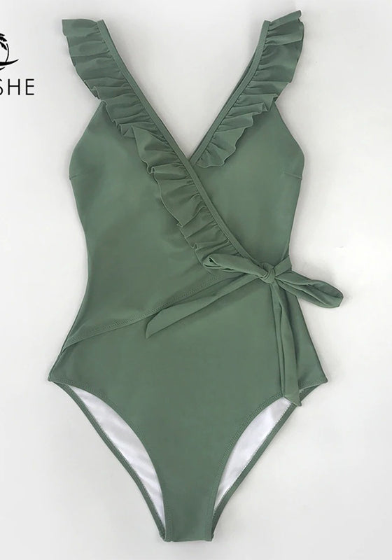 Solid Olive V-neck Ruffled Lace-up One-Piece