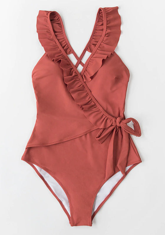 Solid Brick-red V-neck Ruffled One-Piece