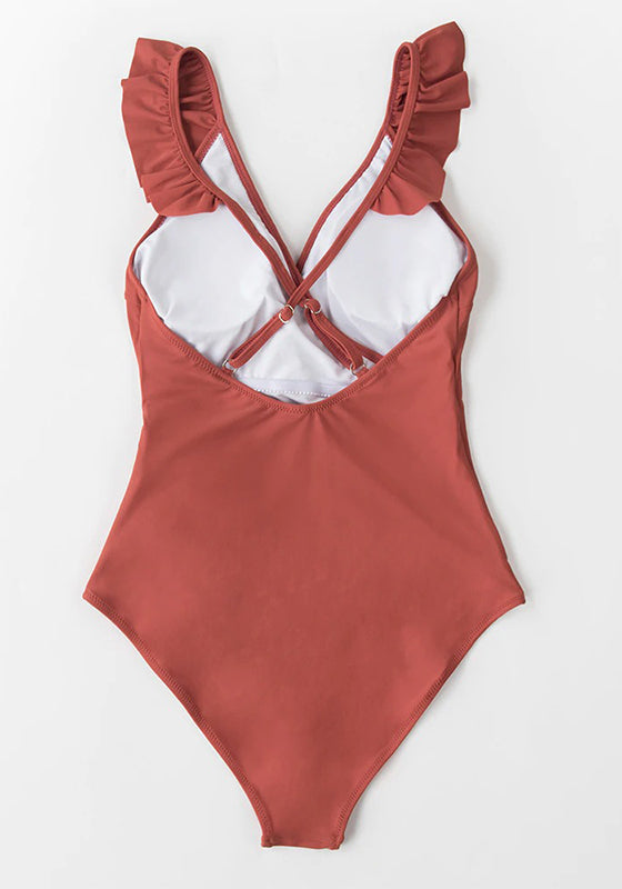 Solid Brick-red V-neck Ruffled One-Piece