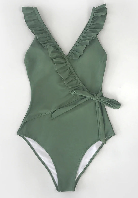 Solid Olive V-neck Ruffled Lace-up One-Piece