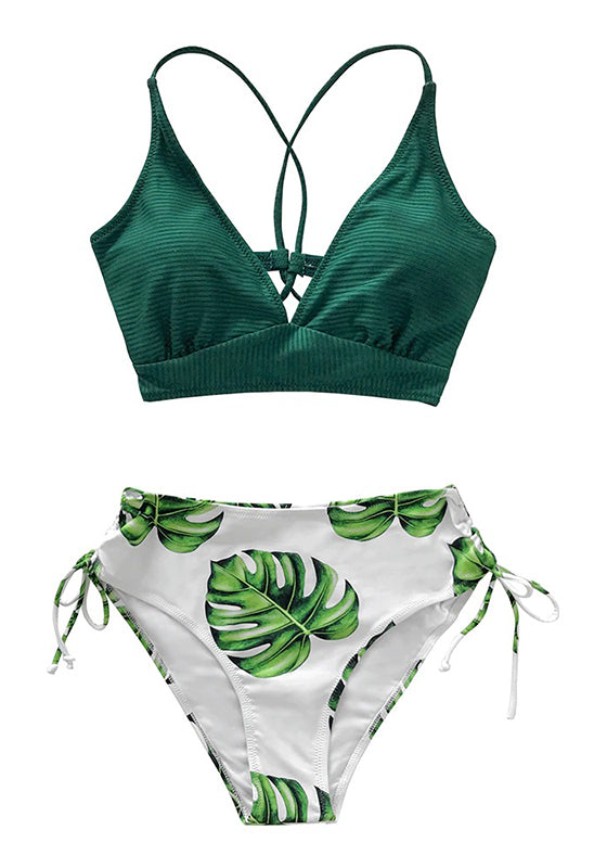 Green and Leaf Print Lace Up Bikini Set