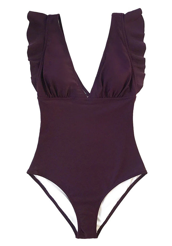 Solid Burgundy Ruffled V-Neck One-Piece