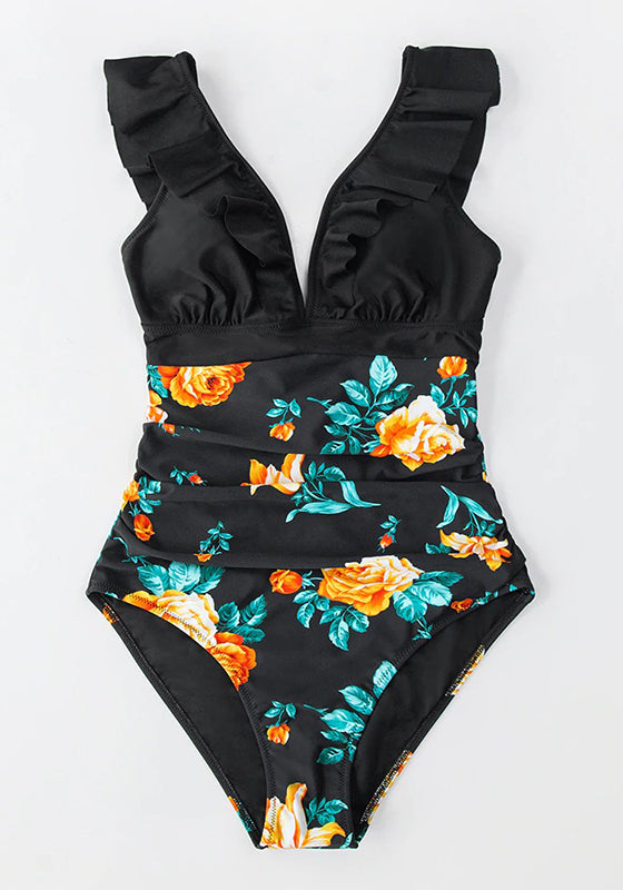 Black Floral V-neck Ruffled One-Piece