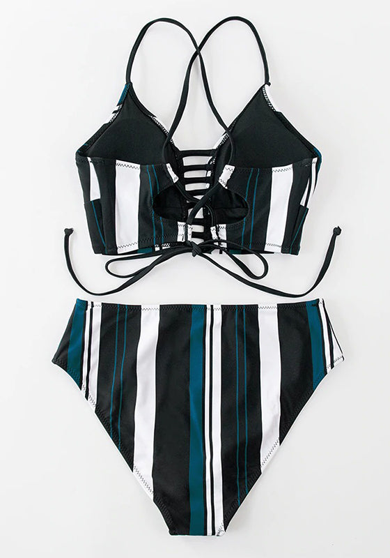 Red And Blue Floral Mid-waist Bikini Set