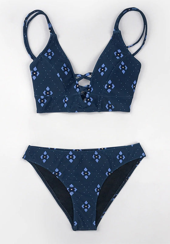 White and Leaves Print Mid-waist Bikini Set