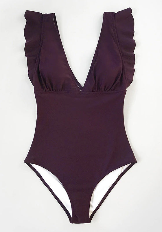 Solid Burgundy Ruffled V-Neck One-Piece