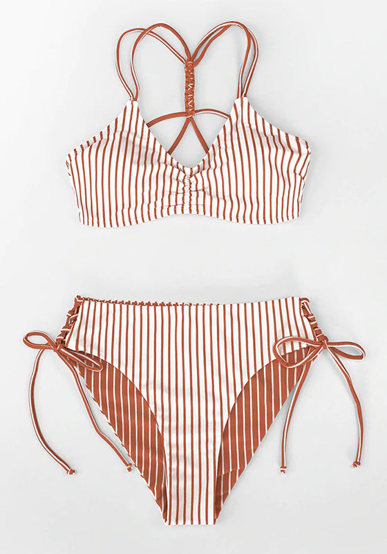 Red White Stripe Strappy Bikini Set