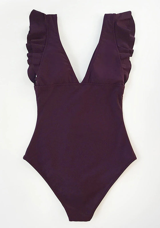 Solid Burgundy Ruffled V-Neck One-Piece