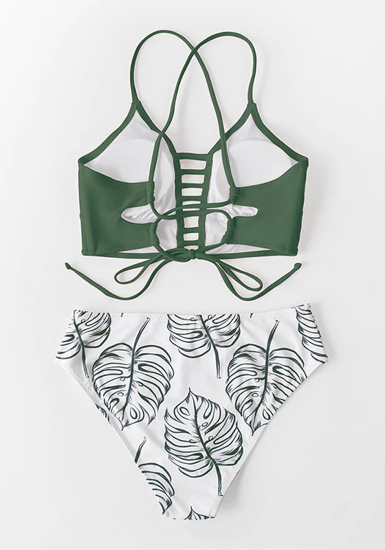 White and Leaves Print Mid-waist Bikini Set